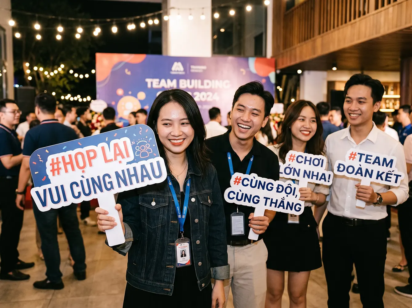Một nhóm người trẻ vui vẻ cầm hashtag cầm tay tại sự kiện, với thiết kế rõ ràng và tay cầm chắc chắn.
