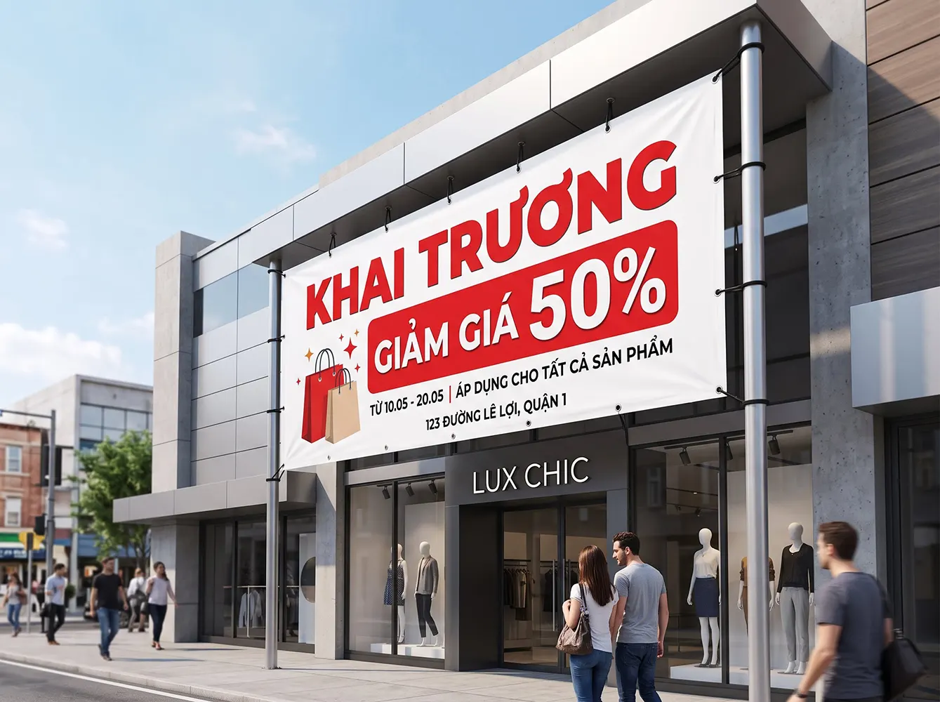 Một băng rôn Hiflex được treo thẳng đẹp mắt tại cửa hàng, nội dung rõ ràng, dễ đọc từ xa.