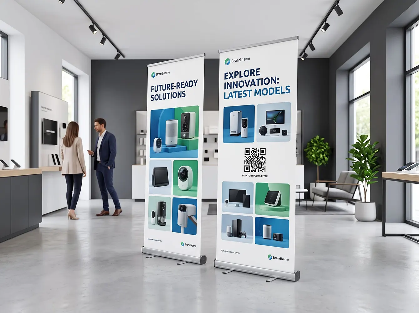 Một standee cuộn nhôm 80x200cm được thiết kế với thông điệp rõ ràng, hình ảnh nổi bật và mã QR dễ quét, đặt trong một showroom hiện đại.