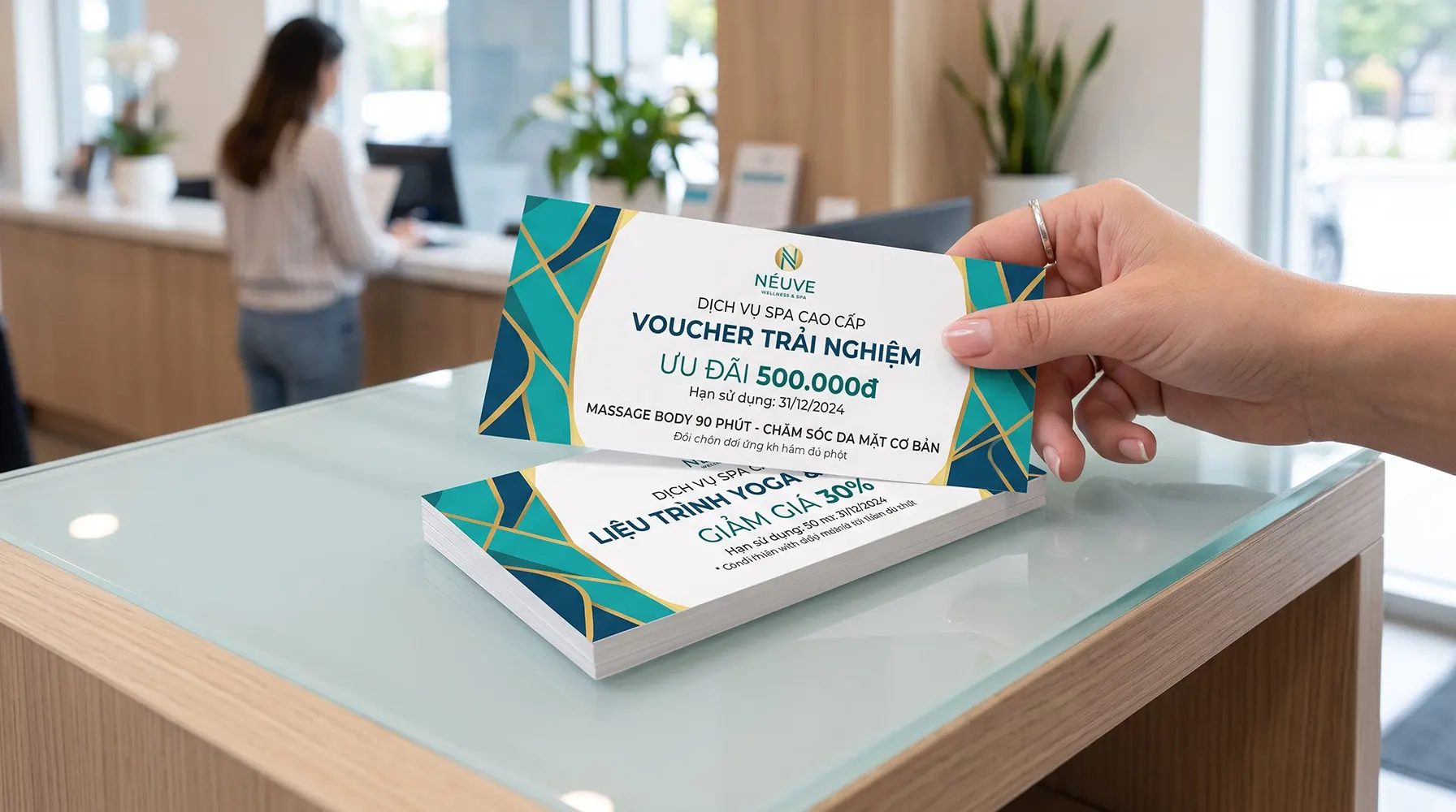 Minh họa quy trình in voucher Offset hai mặt trên giấy Couche 300gsm với lớp cán màng mờ.