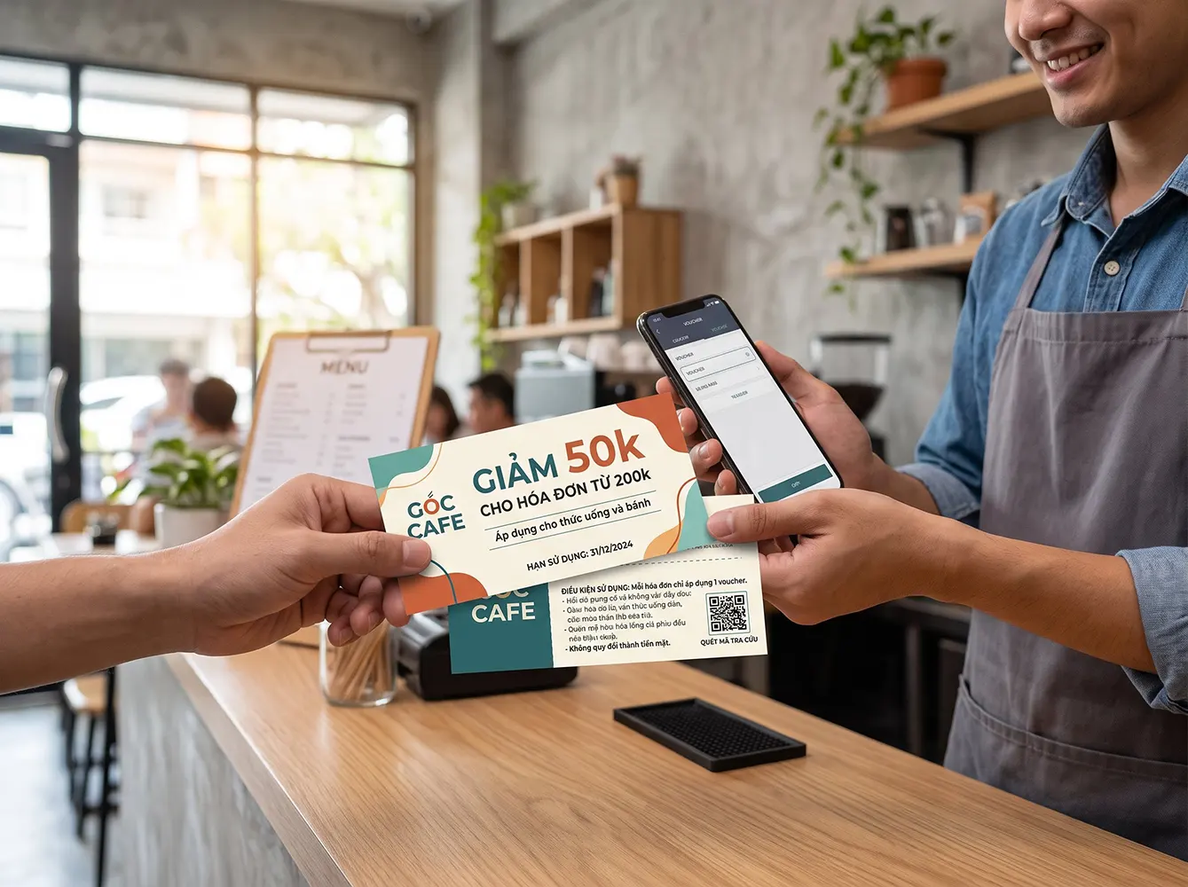 Một voucher đã in hoàn chỉnh, được đặt trên bàn với các thông tin ưu đãi, điều kiện sử dụng và mã QR rõ ràng, dễ đọc.