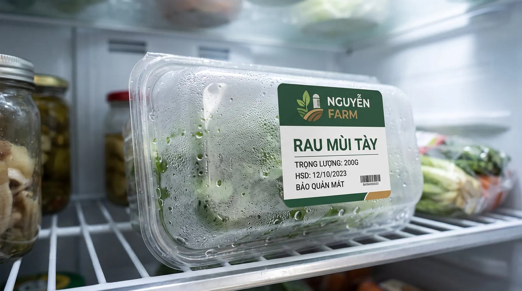 So sánh tem decal giấy bị nhòe và tem decal chống nước nguyên vẹn trên chai nước lạnh có hơi ẩm