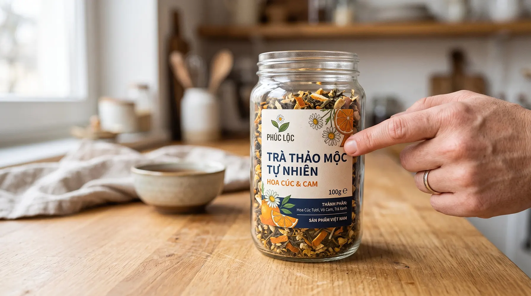 Một tay đang dán tem nhãn decal giấy hình tròn lên nắp hộp cà phê khô, thể hiện rõ bề mặt tem và lớp keo.