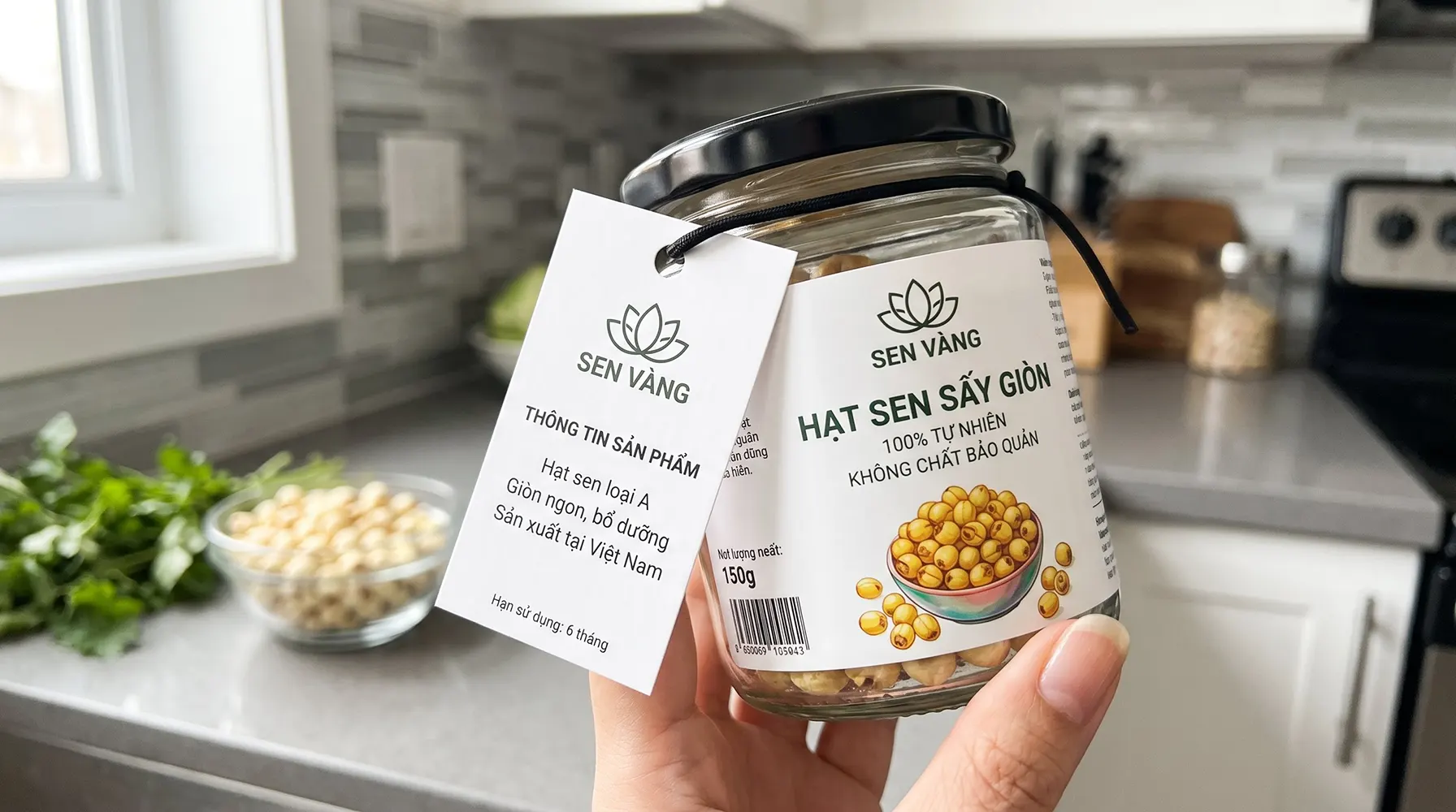 Thẻ treo hình chữ nhật màu trắng với logo thương hiệu hiện đại, gắn vào cổ hũ thủy tinh đựng thực phẩm bằng dây.
