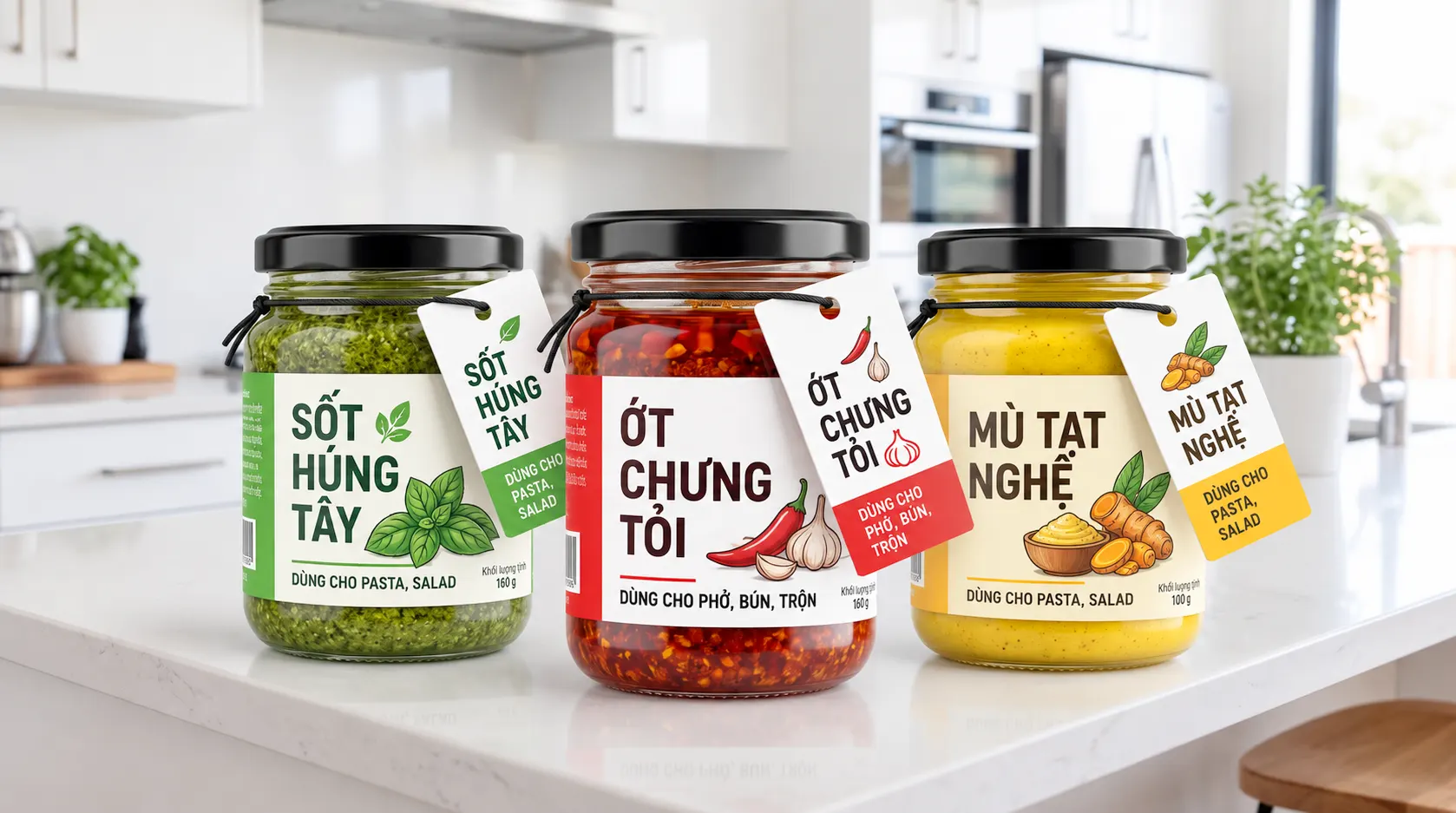 Bộ ba hũ thủy tinh đựng thực phẩm có nhãn dán và thẻ treo đồng nhất, thể hiện ứng dụng thực tế của thẻ treo.