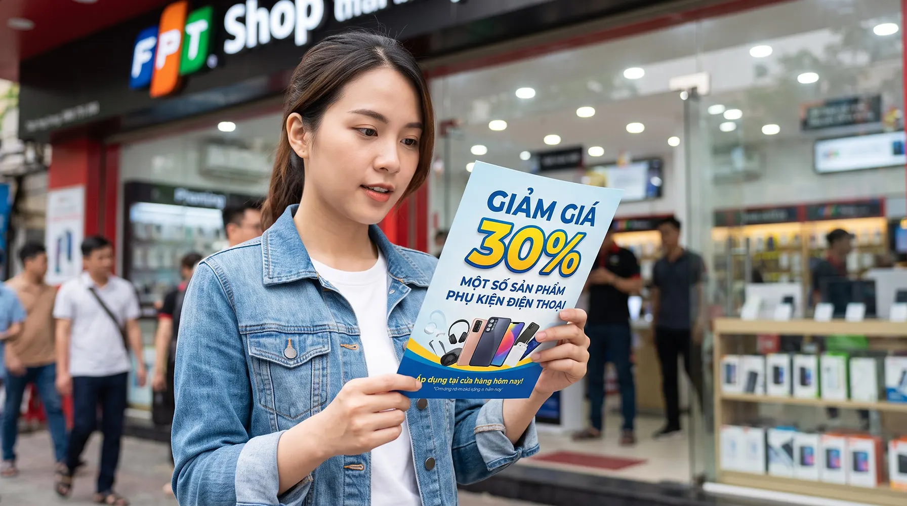 Người phụ nữ đang đọc tờ rơi quảng cáo chương trình khuyến mãi tại một cửa hàng